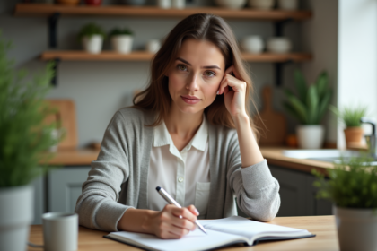 Femme en cuisine vérifiant ses dépenses mensuelles