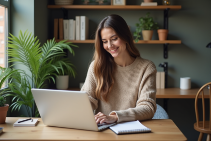 Jeune femme travaillant sur un ordinateur dans un bureau moderne