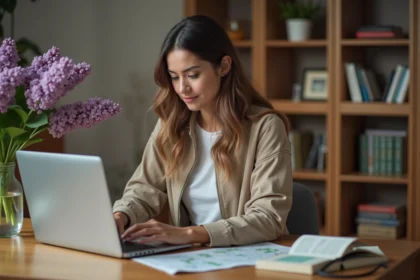 Femme assise à son bureau regarde une carte en ligne
