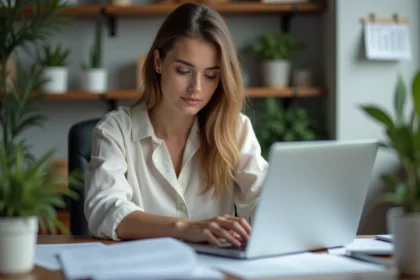 Femme organisée dans son bureau à domicile en train de trier des documents