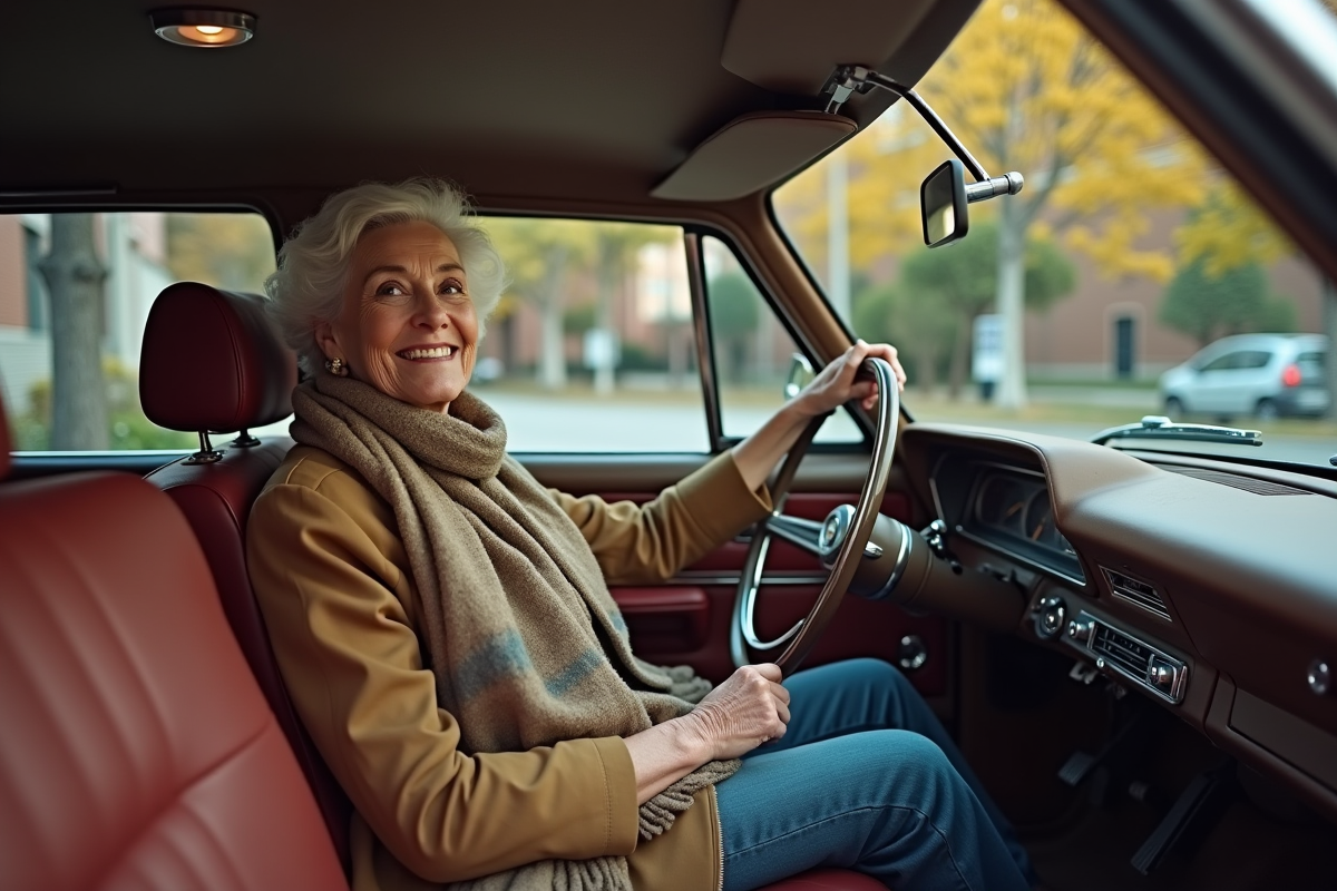 Femme senior assise dans une voiture vintage souriante