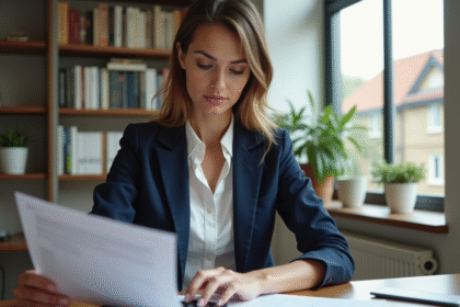 Jeune femme en bureau moderne examine des documents hypothécaires