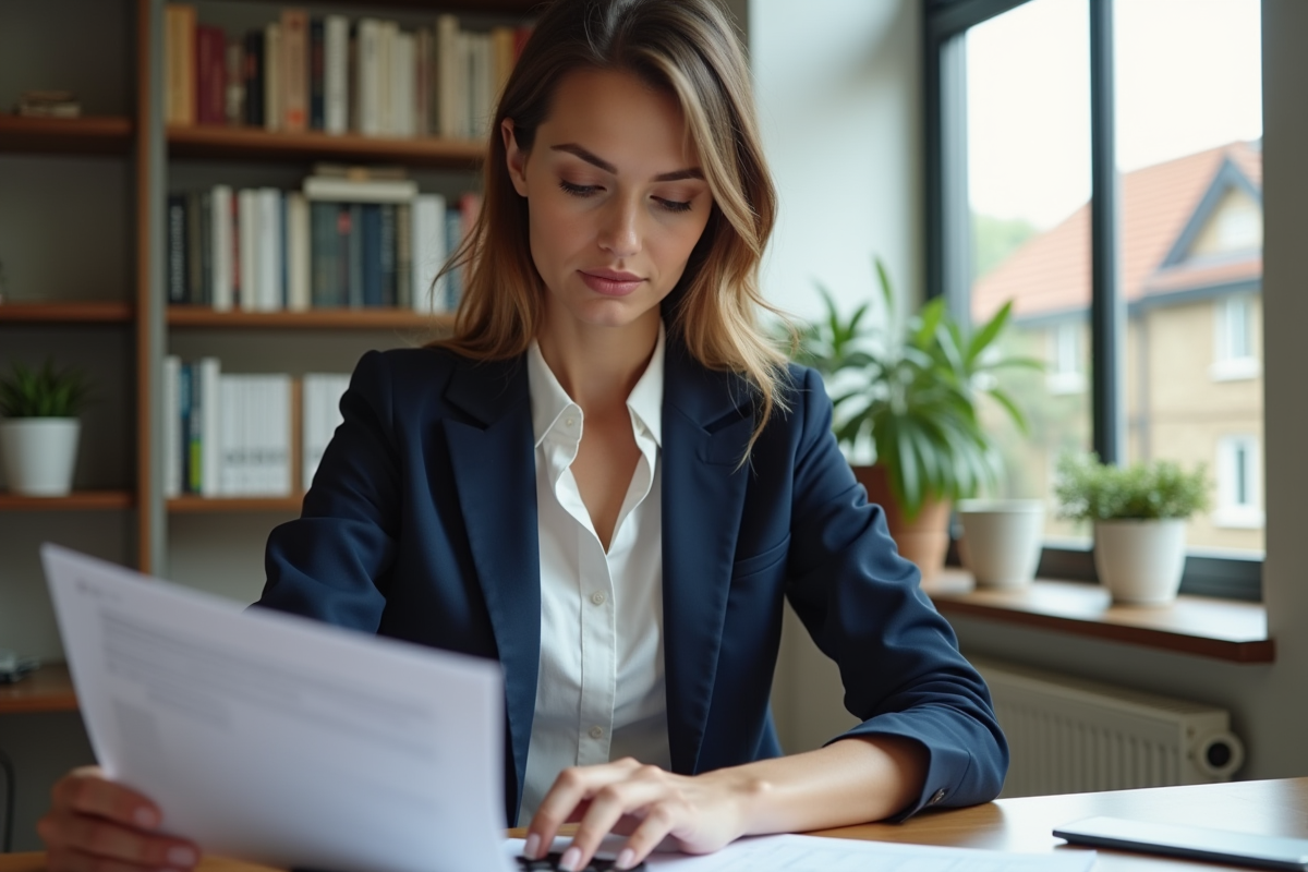 Jeune femme en bureau moderne examine des documents hypothécaires