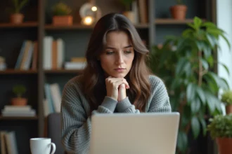 Femme hésitante devant son ordinateur portable se demandant comment bien écrire une phrase au futur ou au conditionnel en français