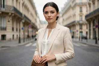 Femme élégante en blazer crème dans un boulevard parisien, style portrait éditorial