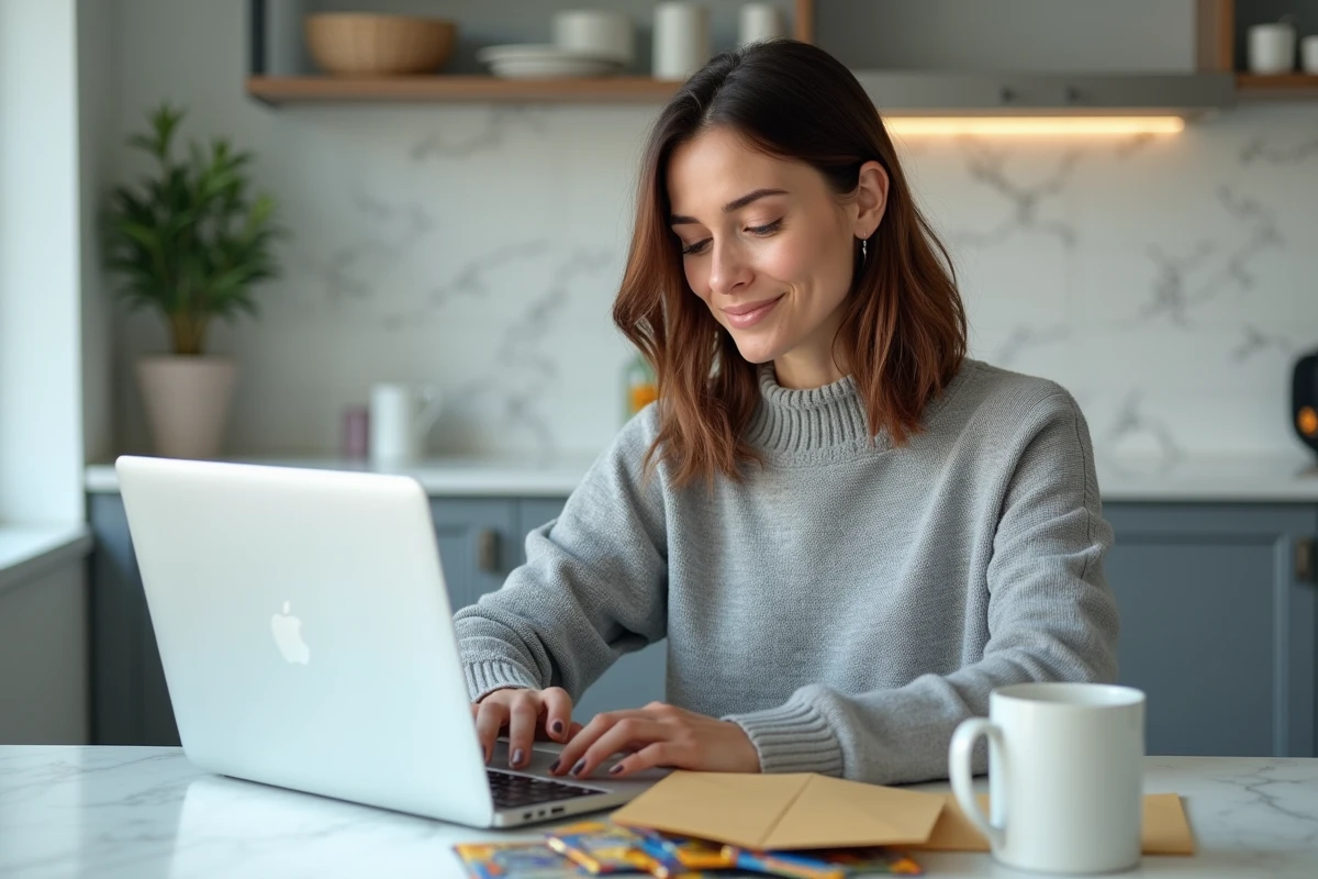 Femme évaluant des boosters Pokémon reçus d'une commande en ligne, ordinateur avec avis clients ouvert