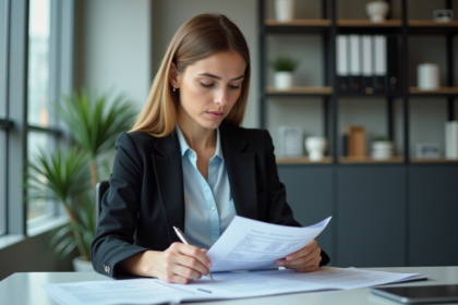 Femme d affaires analysant des états financiers au bureau