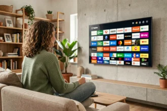 Femme utilisant la Freebox Pop pour regarder des chaînes internationales dans son salon moderne