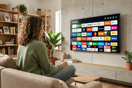 Femme utilisant la Freebox Pop pour regarder des chaînes internationales dans son salon moderne