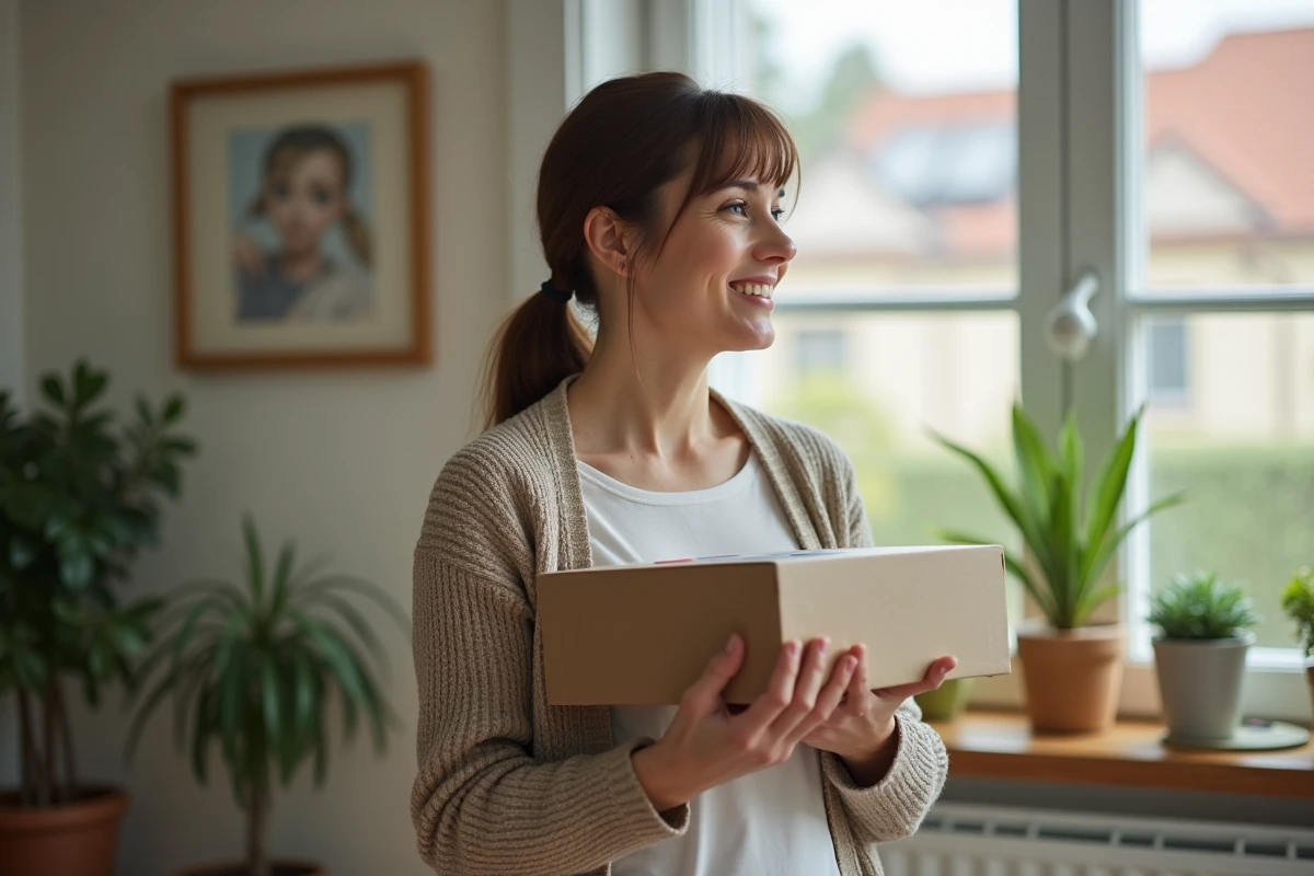 Femme tenant une boîte de jeu collector dans un salon lumineux
