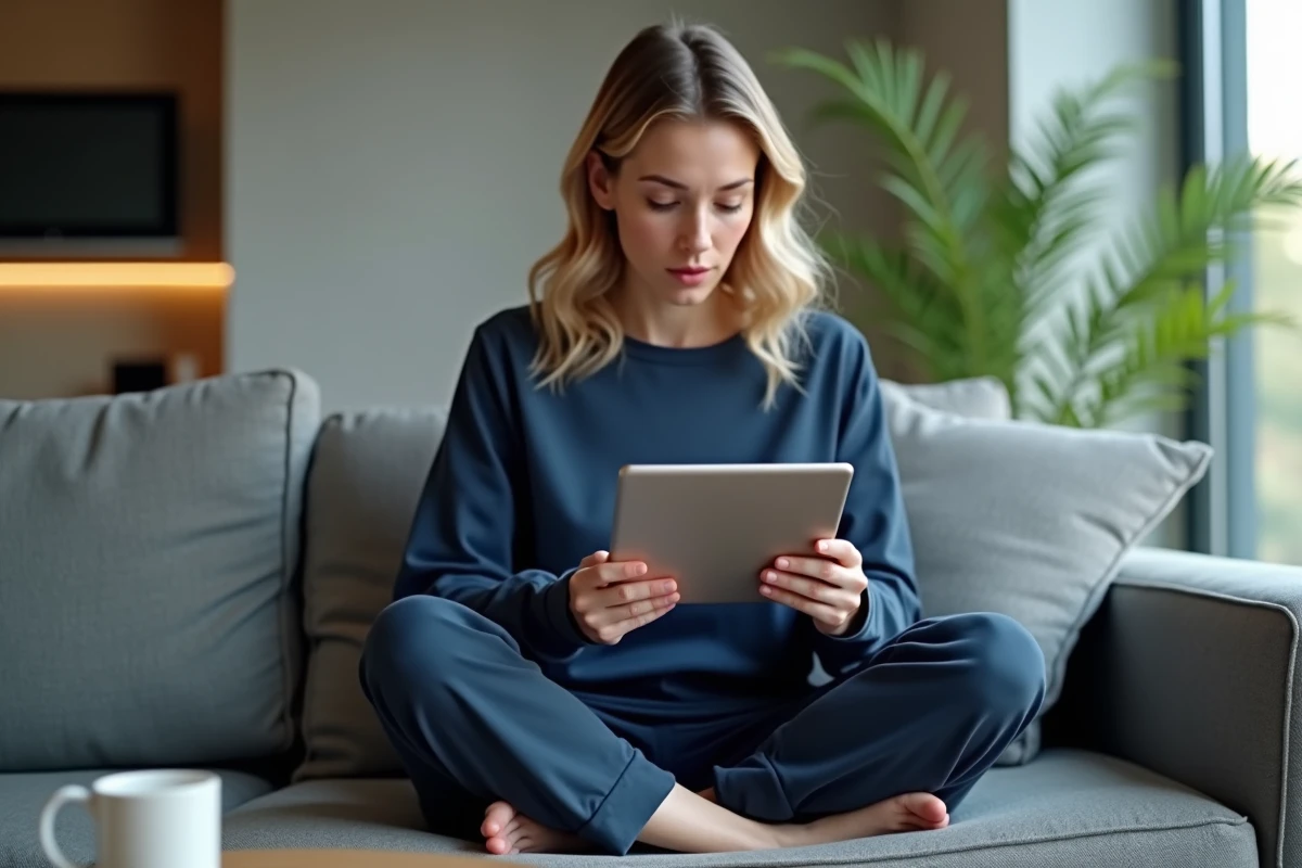 Femme surprise en lisant le scan One Piece 1155 sur une tablette dans son salon moderne