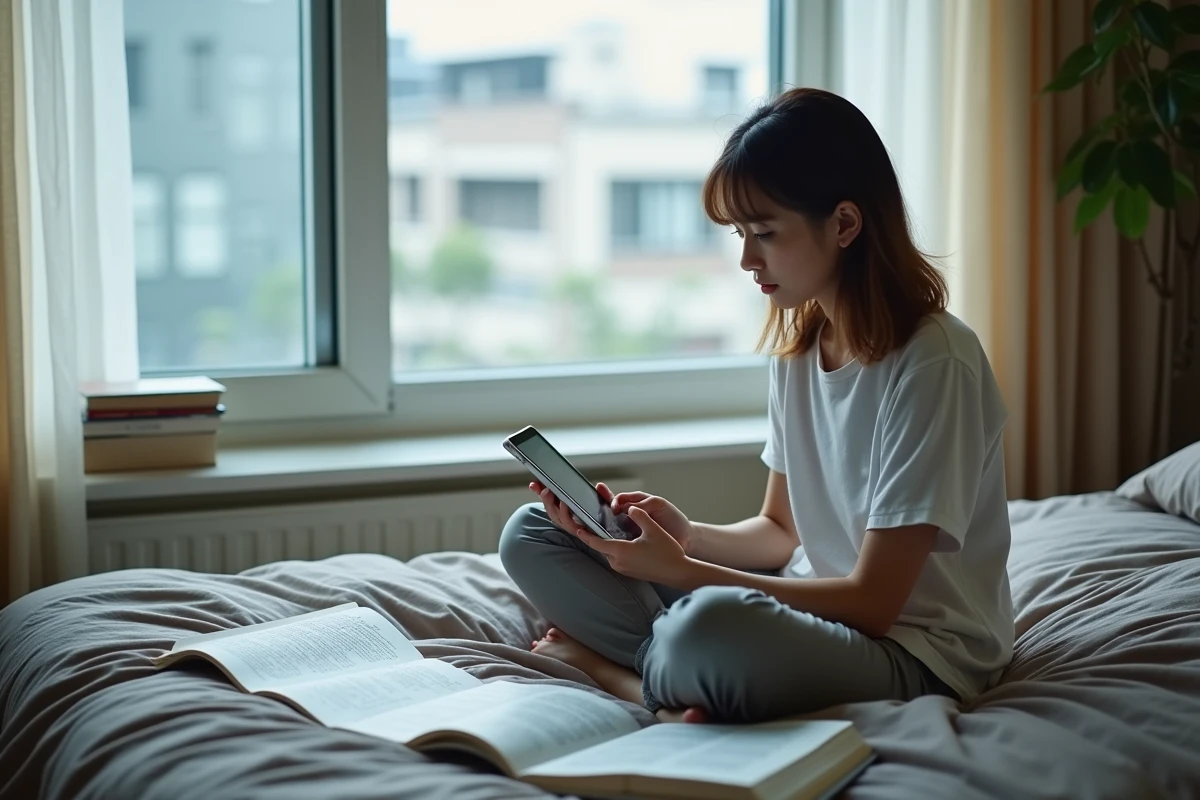 Jeune femme adulte lisant des scanlations de One Punch Man sur une tablette entourée de pages imprimées dans sa chambre
