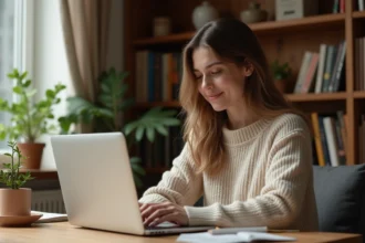Femme consultant un magazine en ligne de bons plans sur son ordinateur portable dans un bureau à domicile chaleureux