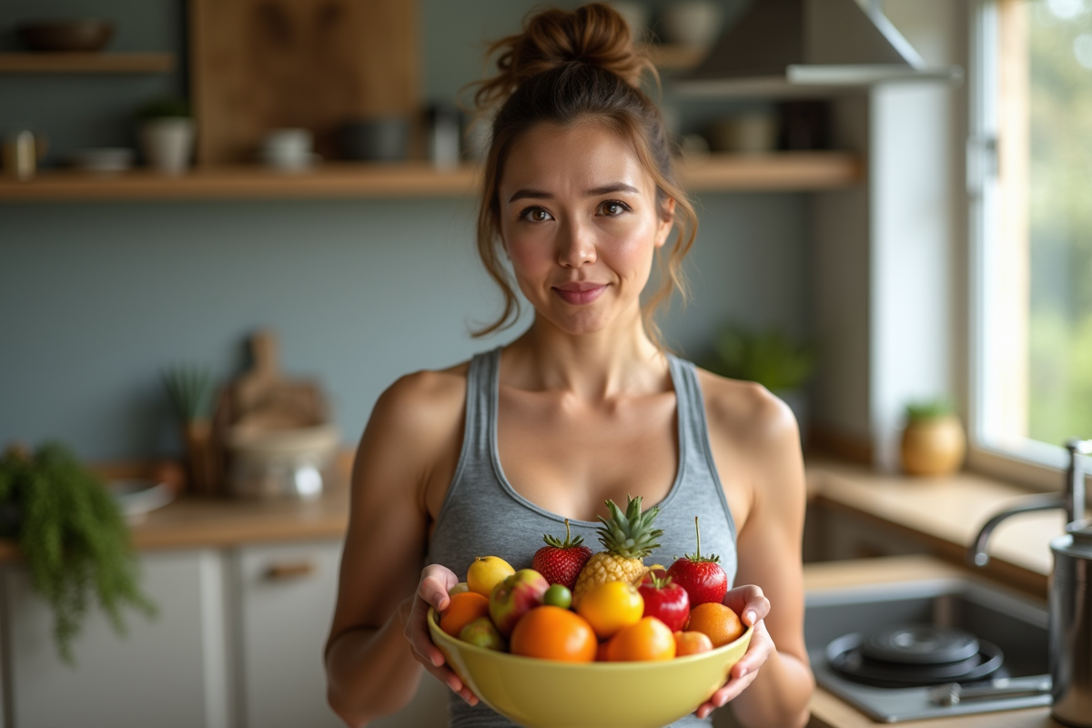 Femme en cuisine tenant un grand bol de fruits variés
