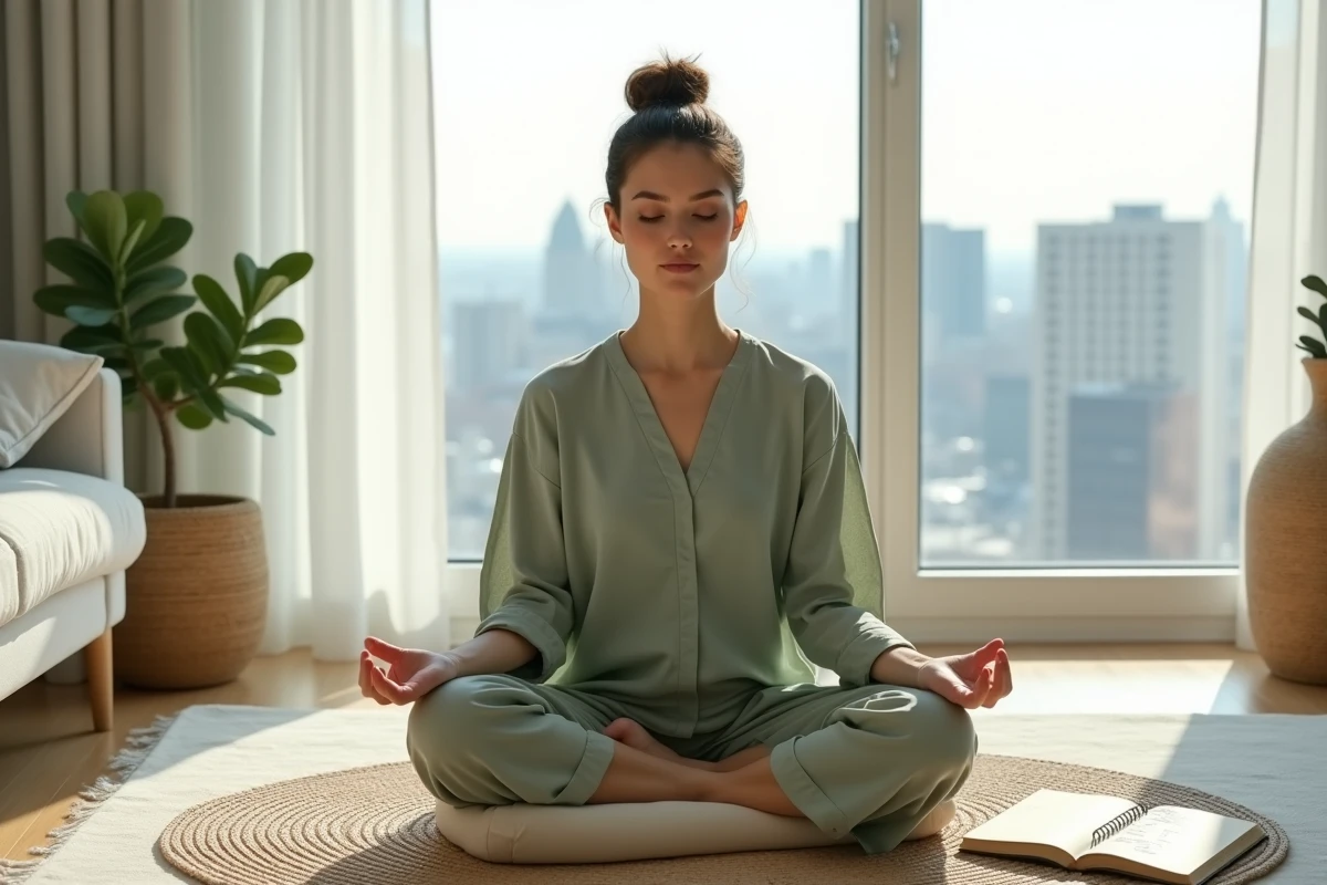 Femme en méditation avec un journal affichant le chiffre angélique 2222, pratique spirituelle liée à la flamme jumelle