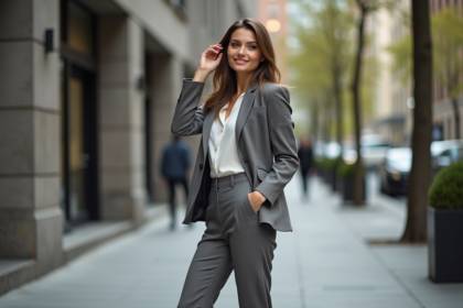 Femme élégante en blazer dans une ville moderne