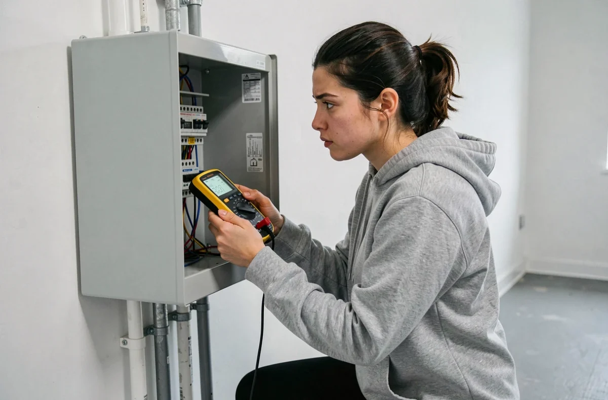 Femme testant un multimètre économique devant un tableau électrique dans un appartement