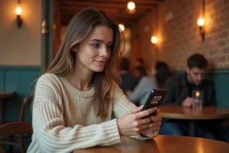 Femme contemplant le numéro 2222 sur son téléphone dans un café, symbolisant la connexion avec sa flamme jumelle