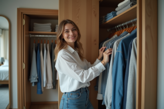 Femme souriante choisissant un vêtement dans un placard organisé