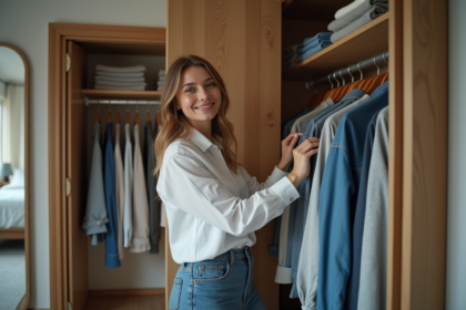 Femme souriante choisissant un vêtement dans un placard organisé