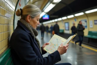 Femme française lisant une carte du metro parisien