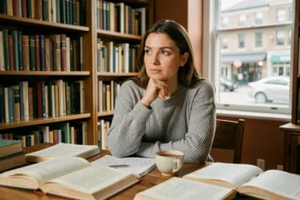 Femme pensive assise à un bureau entouré de livres, illustrant la réflexion intérieure liée au HPI et HPE