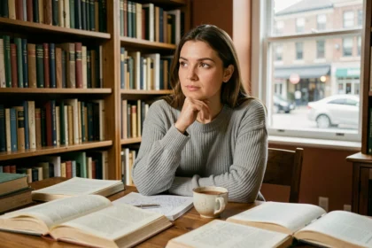 Femme pensive assise à un bureau entouré de livres, illustrant la réflexion intérieure liée au HPI et HPE