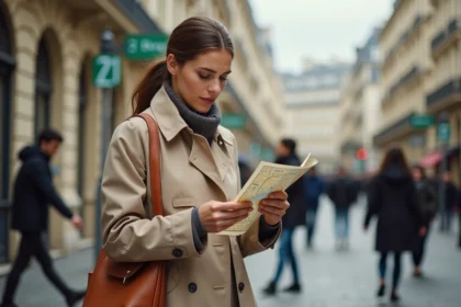Femme consultant un plan des arrondissements de Paris dans une rue haussmannienne