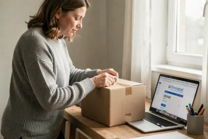 Femme préparant un colis Chronopost depuis son bureau à domicile avec une étiquette sur ordinateur portable