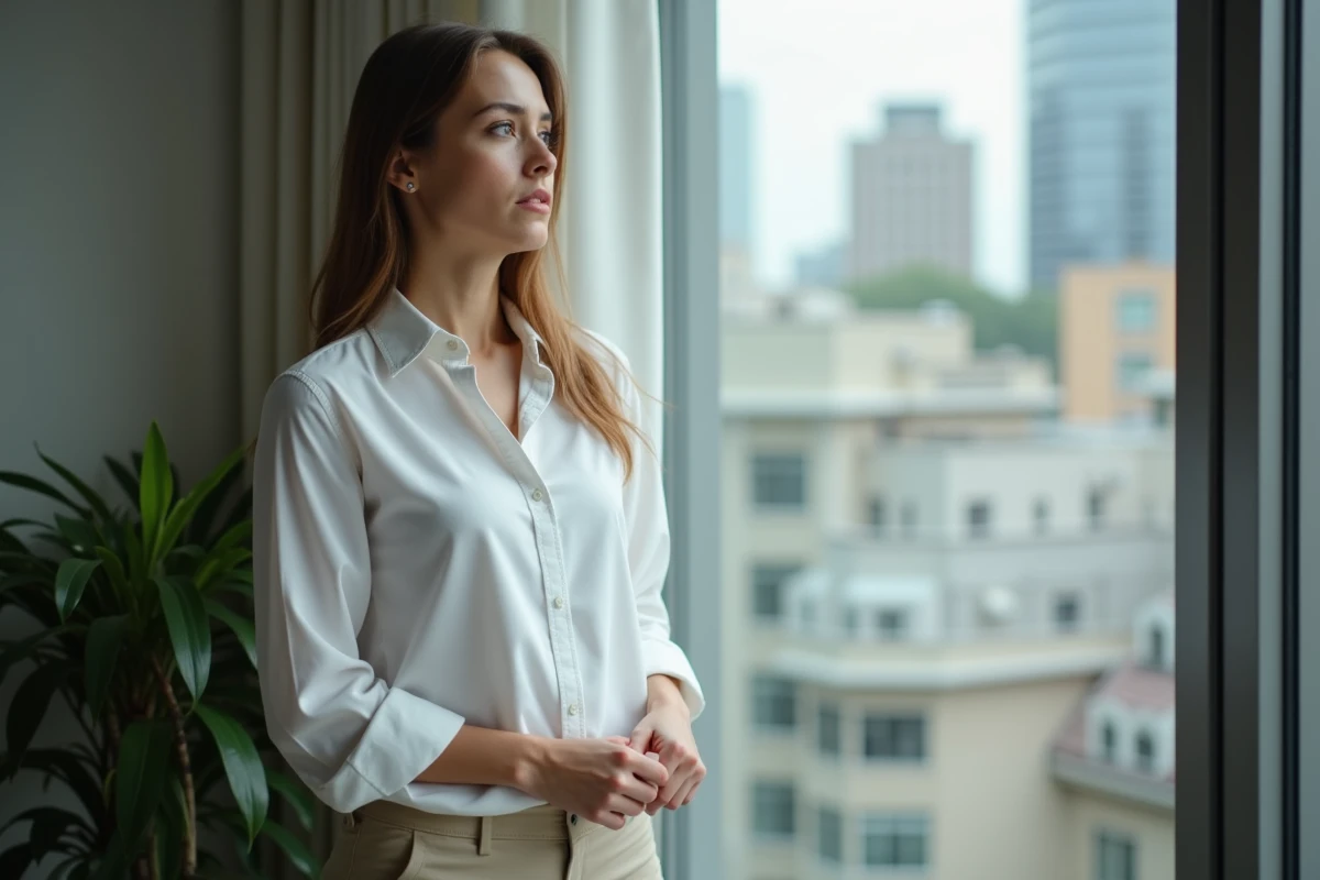 Femme contemplant la ville depuis une grande fenetre