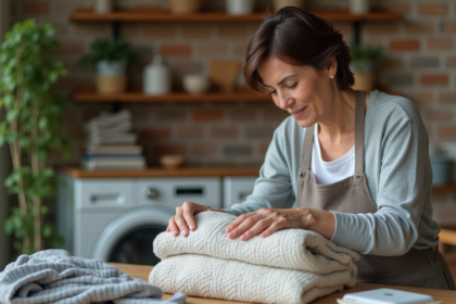 Femme pliant du linge dans une buanderie chaleureuse