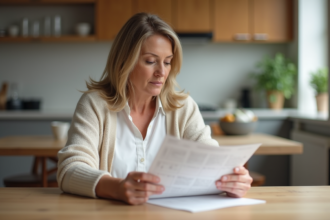 Femme d'âge moyen lisant une brochure de retraite à la maison