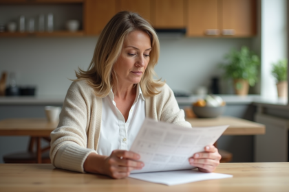 Femme d'âge moyen lisant une brochure de retraite à la maison