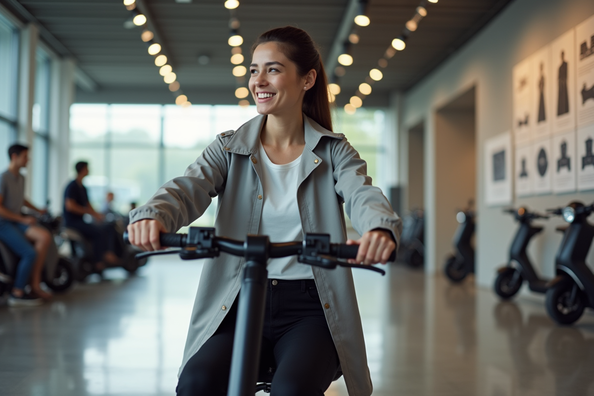 Femme ajustant scooter électrique en showroom