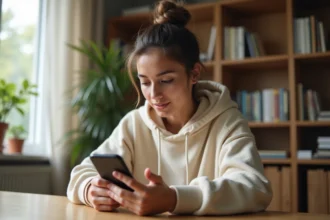 Jeune femme jouant à Chapters sur smartphone avec un code de rachat pour progresser gratuitement dans le jeu