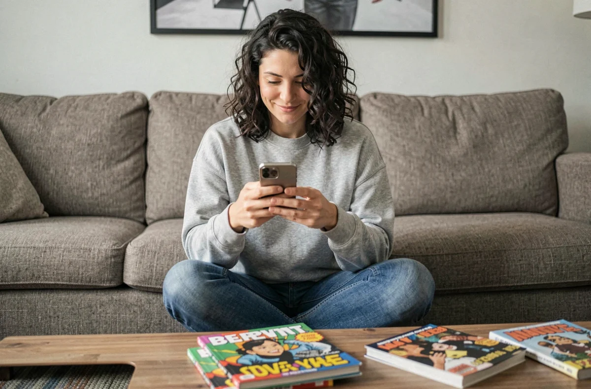 Femme souriante lisant son téléphone sur un canapé entouré de comics, évoquant l'univers Spider-Man et les erreurs d'orthographe virales sur internet