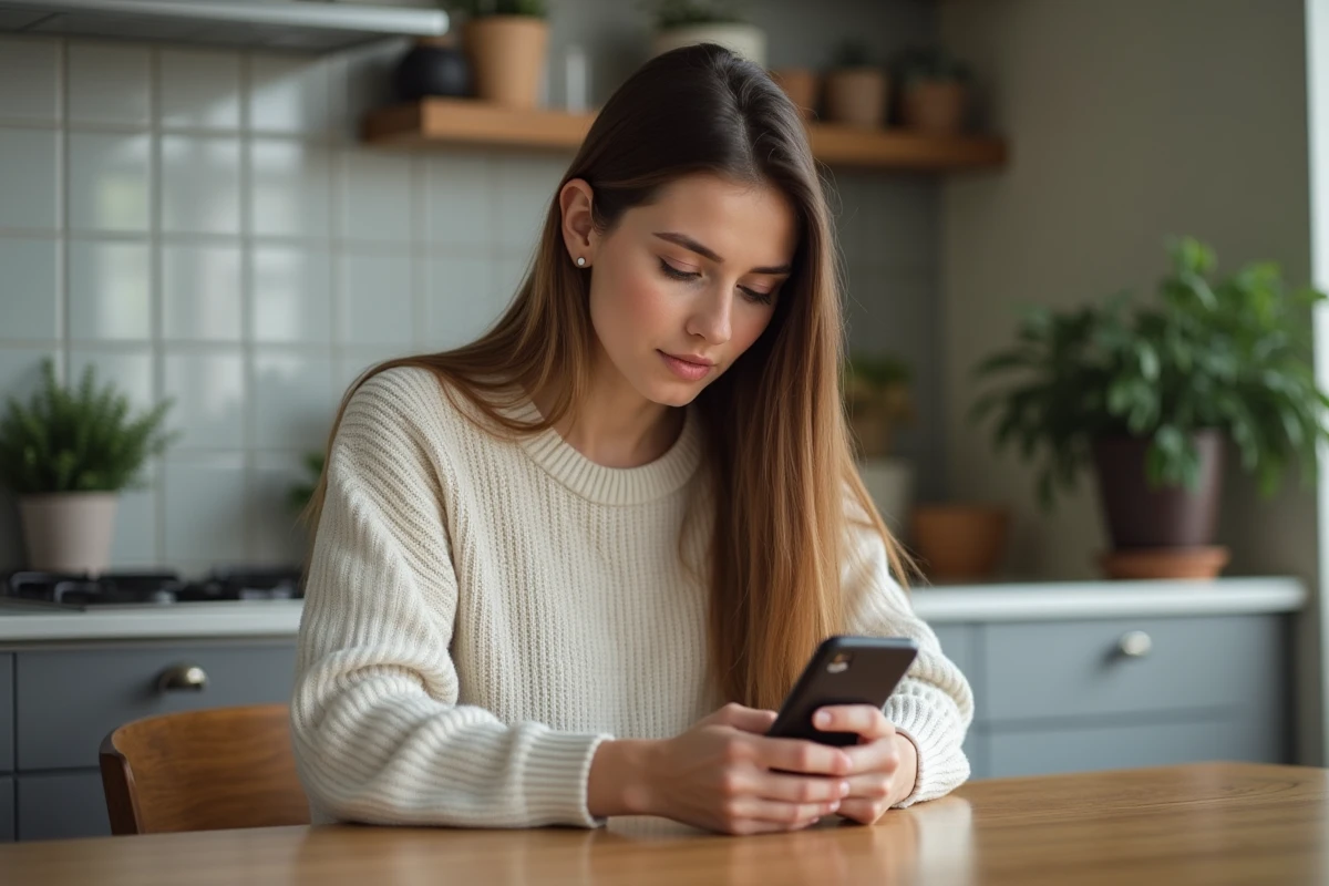 Jeune femme concentrée sur son smartphone dans la cuisine