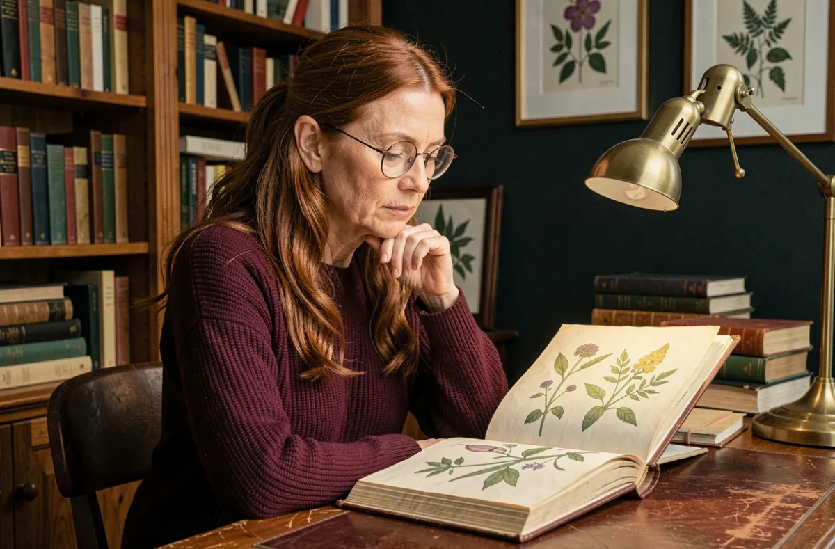 Femme aux lunettes rondes lisant un livre ancien illustré dans une bibliothèque personnelle, évoquant la curiosité intellectuelle et l'empathie profonde liées aux traits psychologiques d'une femme sorcière