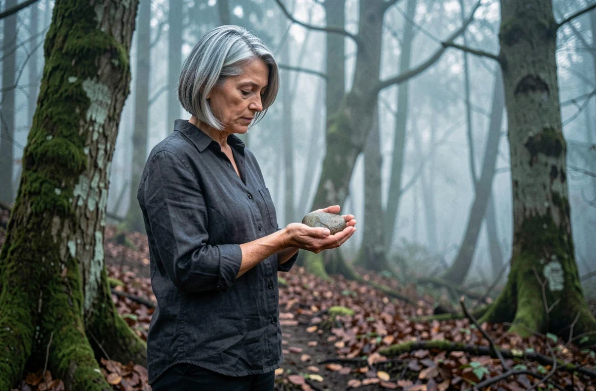 Femme aux cheveux argentés tenant une pierre dans une forêt brumeuse, symbolisant l'intuition profonde et la connexion à la nature associées aux signes psychologiques d'une femme sorcière