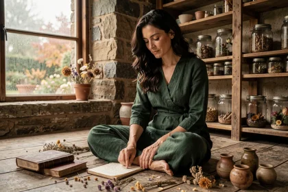 Femme aux traits contemplatifs entourée d'herbes séchées et de journaux anciens dans un intérieur rustique, illustrant les signes psychologiques d'une femme sorcière