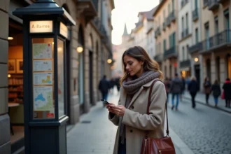 Femme dans une rue de Toulouse vérifiant son téléphone
