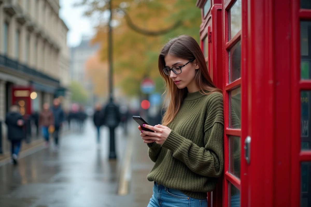 Jeune femme dans une cabine téléphonique britannique en ville