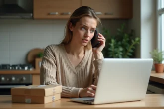 Femme inquiète au téléphone avec un colis et un ordinateur portable sur la table, tentant de débloquer sa livraison