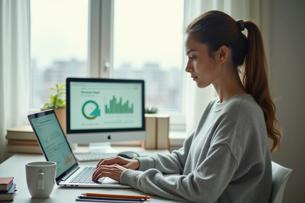 Femme en télétravail consultant un rapport de confiance et d'analyse de trafic pour Rokzov sur son ordinateur portable