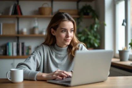 Femme concentrée travaillant sur son ordinateur dans un appartement lumineux