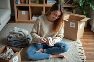 Jeune femme organise des vêtements dans un salon cosy