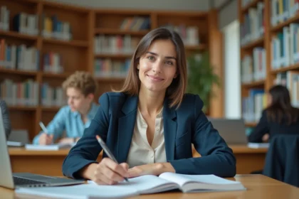Jeune femme turque concentrée sur ses études dans une bibliothèque universitaire moderne en 2026