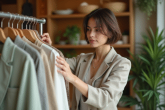 Femme examinant des vêtements écologiques dans une boutique moderne