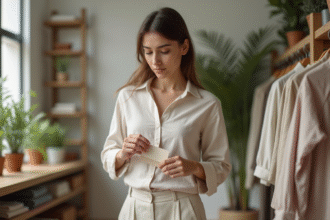 Jeune femme examine une étiquette de vêtements écocertifiés