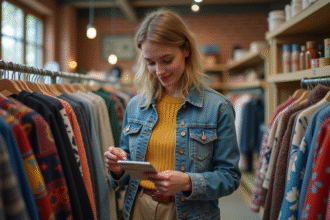 Femme stylée choisissant un pull dans une friperie